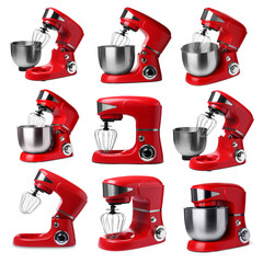 Red stand mixer isolated on white, collage