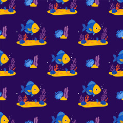 Underwater Seamless Pattern. Cute Sea Fish, Plant algae and coral on seabed on dark Blue Background. Vector Illustration. Kids collection