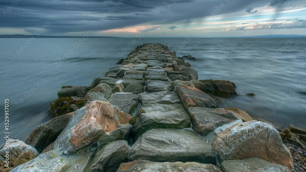Poster a serene ocean view taken from a break wall, ideal for use in travel or leisure related projects