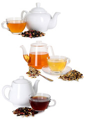 Herbal tea in glass cups and teapots isolated on white, collage