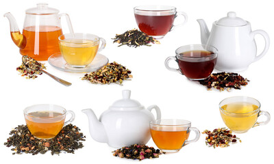 Herbal tea in glass cups and teapots isolated on white, collage