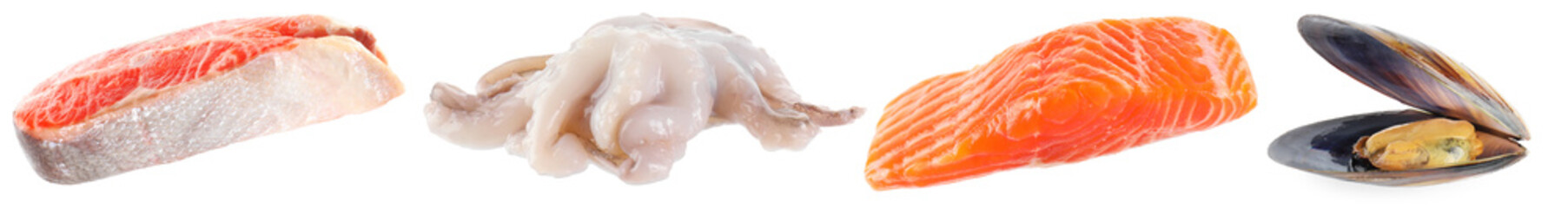 Different fresh sea food on white background, set