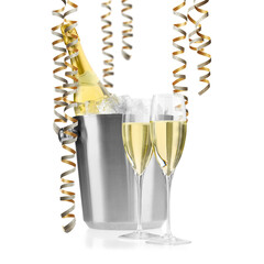 Sparkling wine and golden serpentine streamers on white background