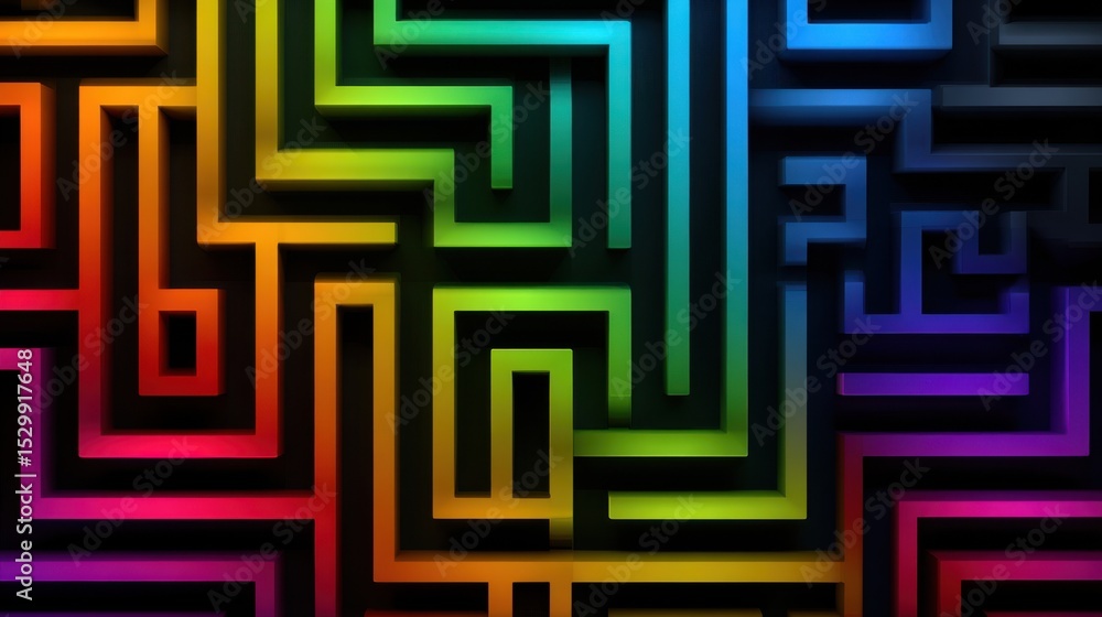 Poster colorful maze features complex pathways with a mix of vibrant hues. the design showcases a visually 