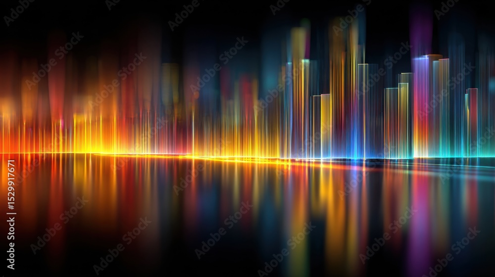 Poster bright vertical lines of color represent a city skyline with the reflection shimmering on calm water