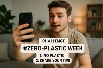 Young man holding smartphone promoting zero plastic challenge week on social media, sharing tips for reducing plastic consumption