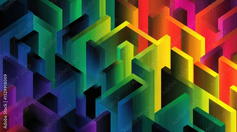 Poster a vibrant, abstract design featuring a maze of colorful 3d geometric shapes. the artwork showcases a