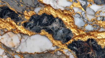 Decorative black and white marble features bold gold veins running through it, showcasing a luxurious and elegant fusion of natural colors and textures, perfect for upscale interiors.