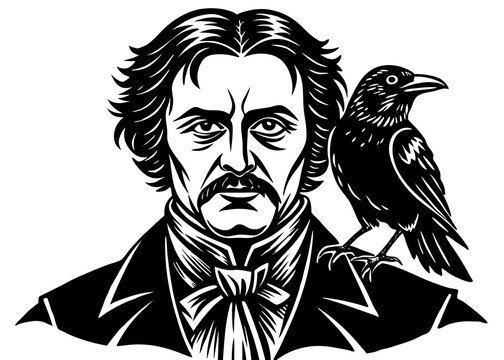 Edgar allan poe portrait with raven black and white vector illustration literary icon and author