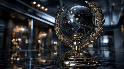 Glass or crystal award prizes set for winner vector illustration. Realistic 3d trophy with gold laurel wreath, stars and award text, glossy luxury reward with circle pedestal, victory congratulation