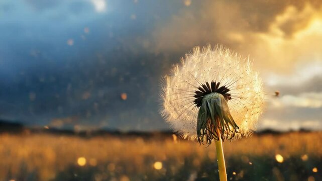 A dandelion seed is blown by the wind, with fluff and seeds spreading out.