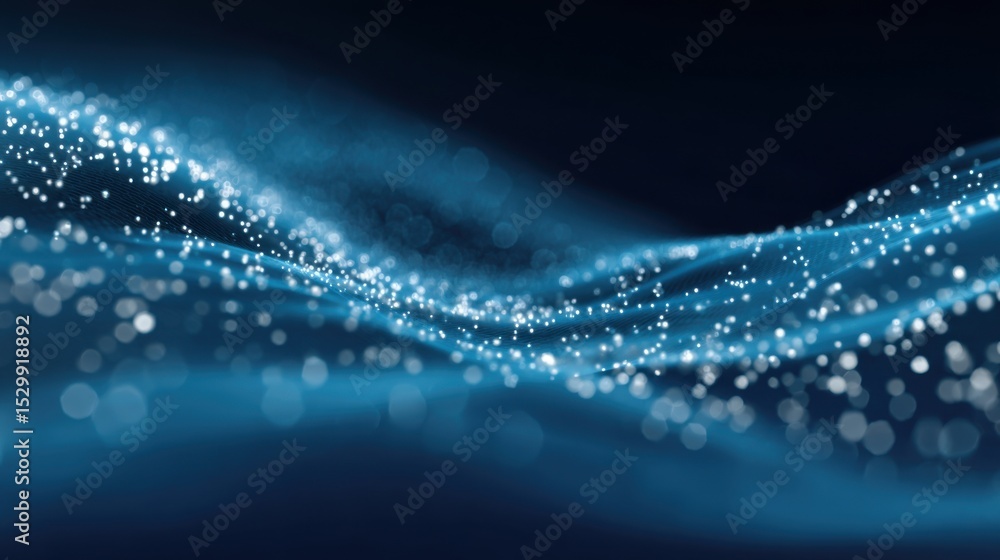 Poster a flowing pattern of blue waves mixed with white sparkling particles is captured. the design has a c