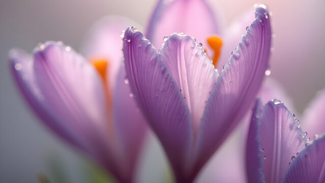 Crocus flower petals with dew drops in a soft, elegant background, macro photography