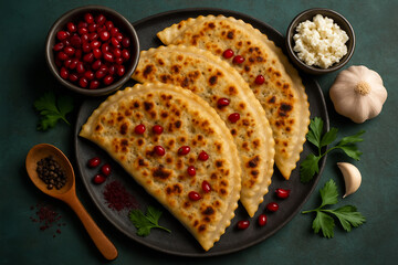 Golden-brown, delicately textured flatbreads are arranged artfully in a staggered formation, their surfaces adorned with subtle spots from cooking, hinting at their flavorful crunch.