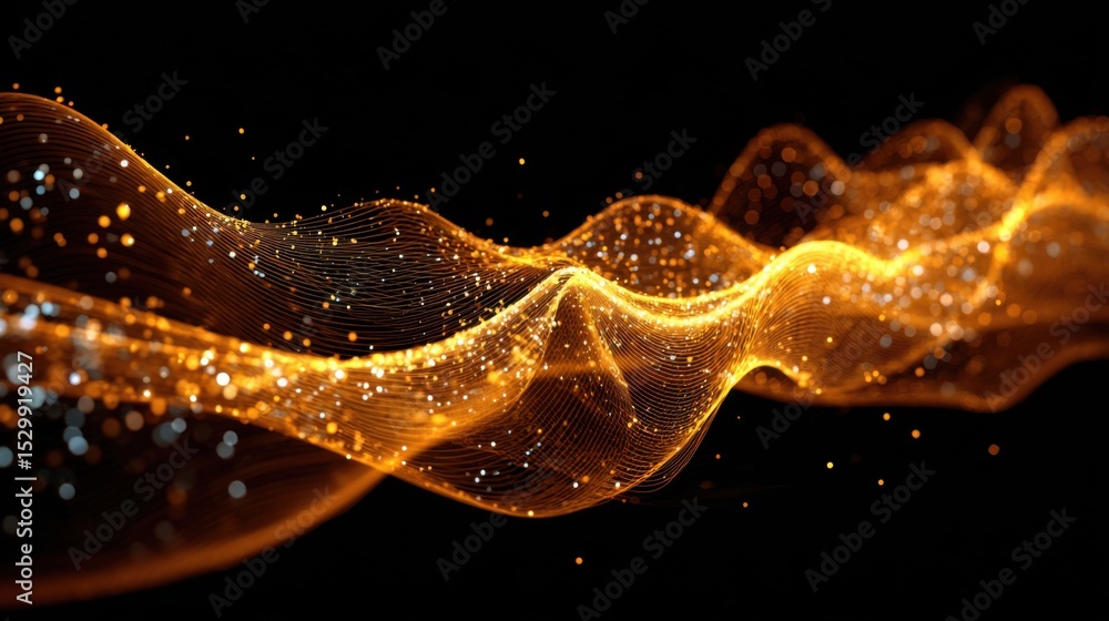 Poster golden and silver particles flow in captivating waves across a black backdrop, creating an enchantin