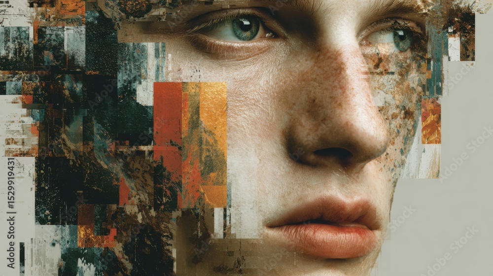 Poster a digital artwork features a close-up of a person's face creatively merged with abstract shapes and 