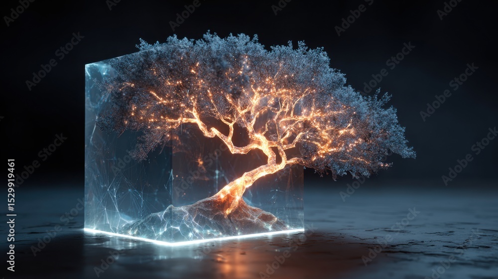 Poster a luminous tree with glowing branches is encased in a crystal-clear cube. the dark background enhanc