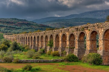 Obraz premium Ancient stone aqueduct stretching across a valley.