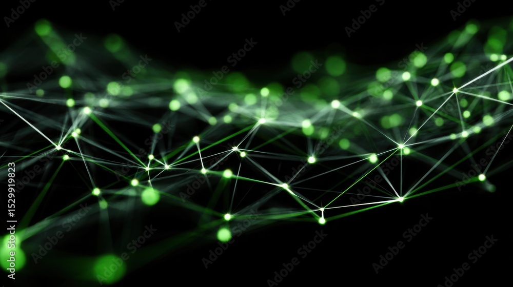 Poster an abstract visual of interconnected nodes and lines in a dark environment, illuminated by vibrant g