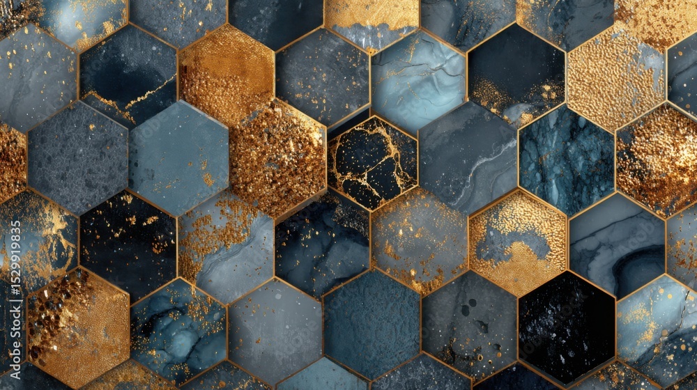 Poster the mosaic showcases an intricate pattern of hexagonal shapes blending deep blue and rich gold color