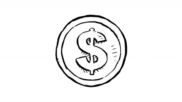 Hand drawn coin with dollar sign turning black and white 2d loopable animation