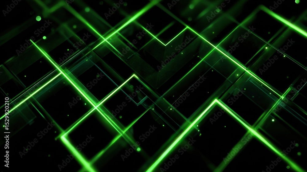 Poster bright green lines form complex geometric shapes against a dark backdrop, creating a visually striki