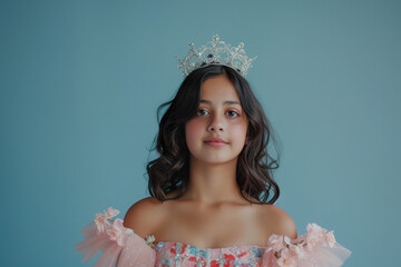 Young Indian 15 years old girl in floral dress and tiara on blue background