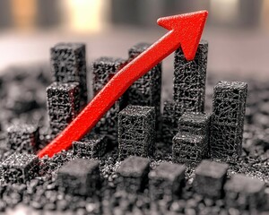 A 3D rendering of a red arrow ascending above a cityscape of textured grey blocks, symbolizing growth and progress within an urban environment