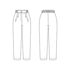 Flat technical drawing of high-waisted women’s pants with pleats and elastic waistband, front and back views. Ideal for clothing design, sewing patterns, and digital fashion portfolios.

