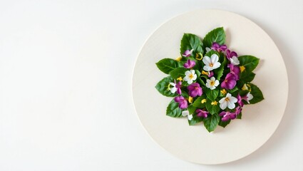 editorial food photo pokeweed salad wild greens copy space top-down view lemon zest edible flowers minimal composition light background

