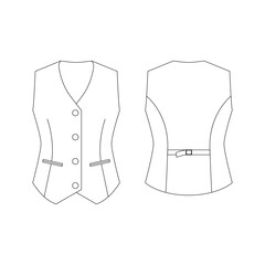 Technical sketch of women’s vest shown front and back, featuring buttons, darts, and adjustable waist belt. Perfect for sewing guides, fashion design templates, and digital apparel mockups.

