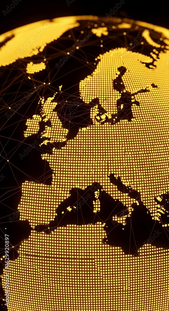 Poster close-up of a golden globe highlighting europe, with a network of interconnected lines symbolizing c