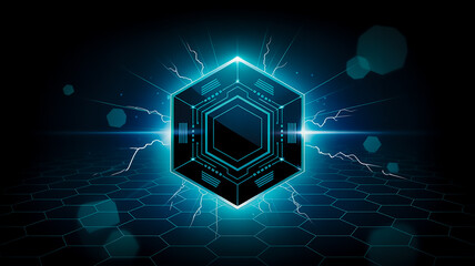 A dark blue hexagonal pattern background with glowing neon effects