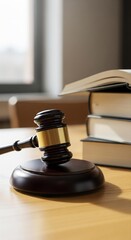A judge's gavel resting on a wooden table beside stacked legal books and a window, symbolizing law and justice.
