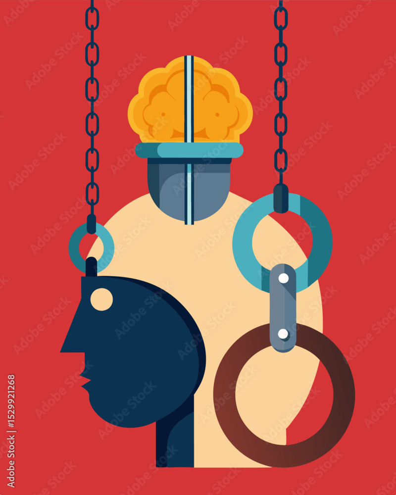 Poster the weight of metal shackles restricts the mind from exploring new ideas and thoughts.. vector illus