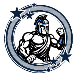 Fototapeta premium Dynamic vector of a heroic warrior in a helmet and draped garment, flexing with bold energy. Ideal for sportswear, gaming graphics, branding, or motivational posters with a mythic vibe.