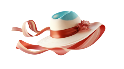 Sun hat 3D icon with ribbon blowing in wind, digital vacation symbol, white background, PNG
