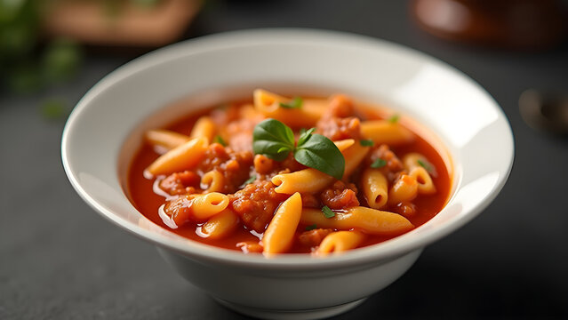 Delicious fagioli pasta soup in a white bowl on dark table. blurry background