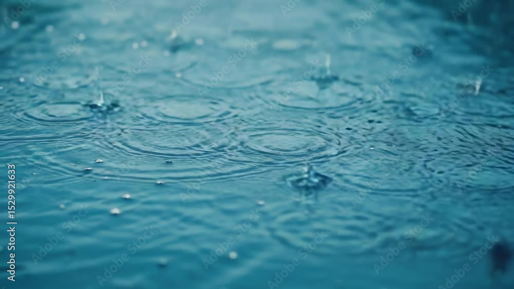 Poster a close-up shot of a calm blue water surface with raindrops creating ripples