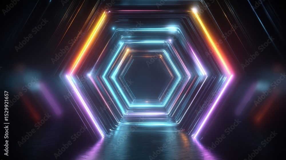 Poster a stunning hexagonal tunnel illuminated with vibrant neon lights creates a captivating atmosphere. t