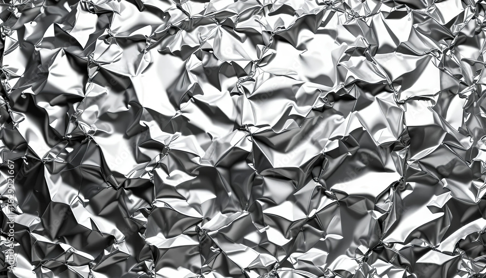 Poster a wrinkled surface of metallic material reflects light, creating a dynamic texture with highlights a