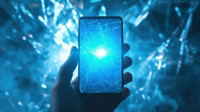A person holds up their cell phone with a cracked screen, a common problem in today's digital age