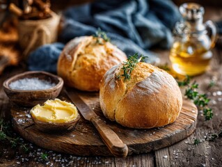Two rustic loaves of bread with butter and herbs.