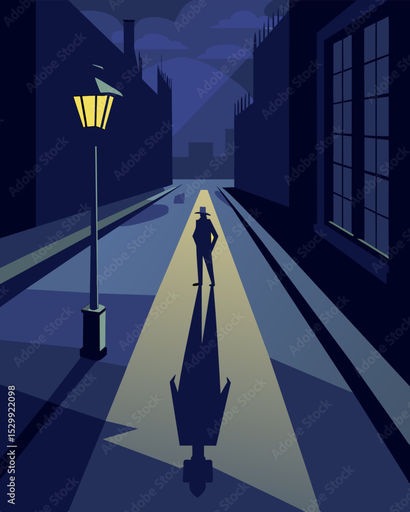 Poster the gaslight flickered casting a long distorted shadow on the empty street giving the impression tha