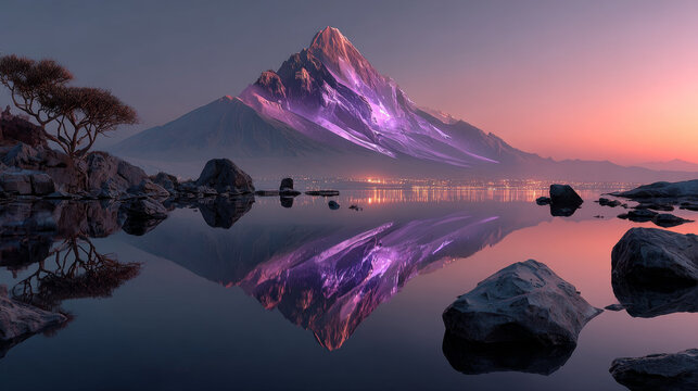 Fototapeta 3D rendering of an abstract, unique landscape. Lone mountain in the middle of nowhere. Violet rock reflected in calm water over the pale background. Minimalist, fantastic wallpaper