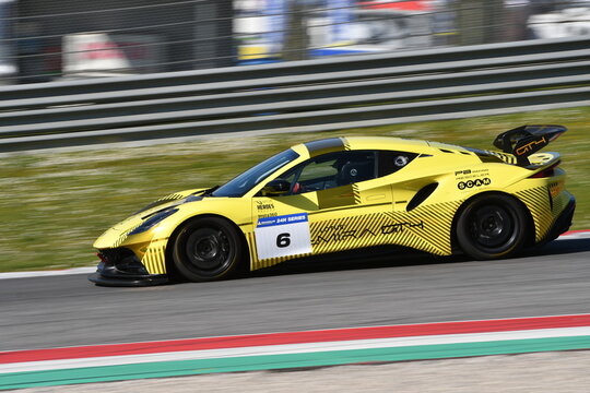 Scarperia, Italy - March 20th 2025: Lotus Emira GT4 of Team Lotus PB Racing drive by d'Aste-Abbati-Naska-Schiavone in action during 12h Michelin at Mugello Circuit.