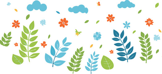 A vibrant illustration featuring floral elements, clouds and leaves. Perfect for adding a touch of nature and serenity to any project. 