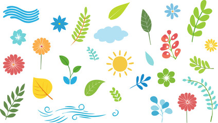Set of decorative flower and leaf elements arranged on simple background, including leaf, flower, sun, and cloud elements
