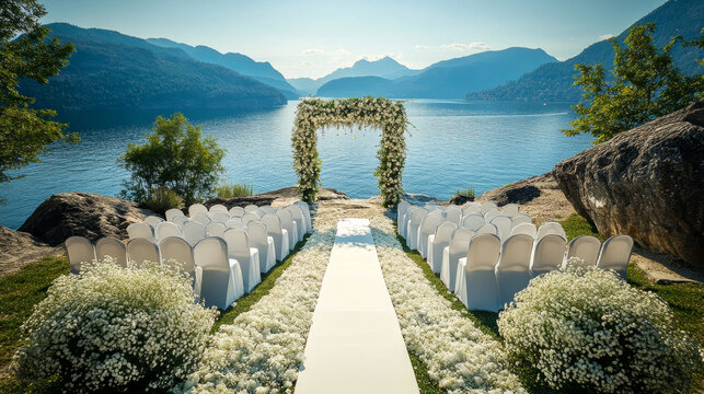 A destination wedding ceremony and reception are captured in a scenic and romantic location. 