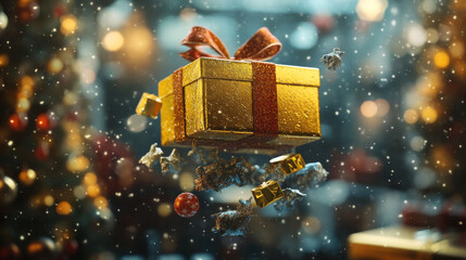A dynamic advertisement featuring a large floating gold gift box with ideas and tiny presents spilling out beneath the lid in a Christmas setting.